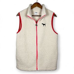 Victoria's Secret Beige Cream Sherpa Full Zip Vest Dog Logo Women's Medium